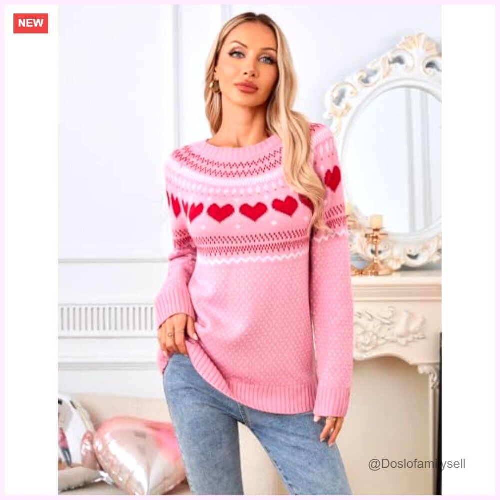 Fair Isle Heart Pattern Pullover Sweater Long Sleeve Crew Neck Loose Casual - Picture 5 of 7